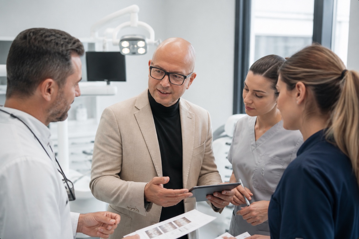 Peter Lausmann, Gründer von DentalHunter, im Gespräch mit einem Praxisteam